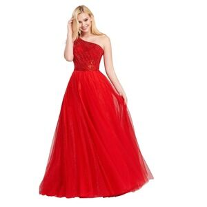 Ellie Wilde Red Formal Maxi Dress Womens Size 0 Beaded Sparkle Tulle Glam Prom